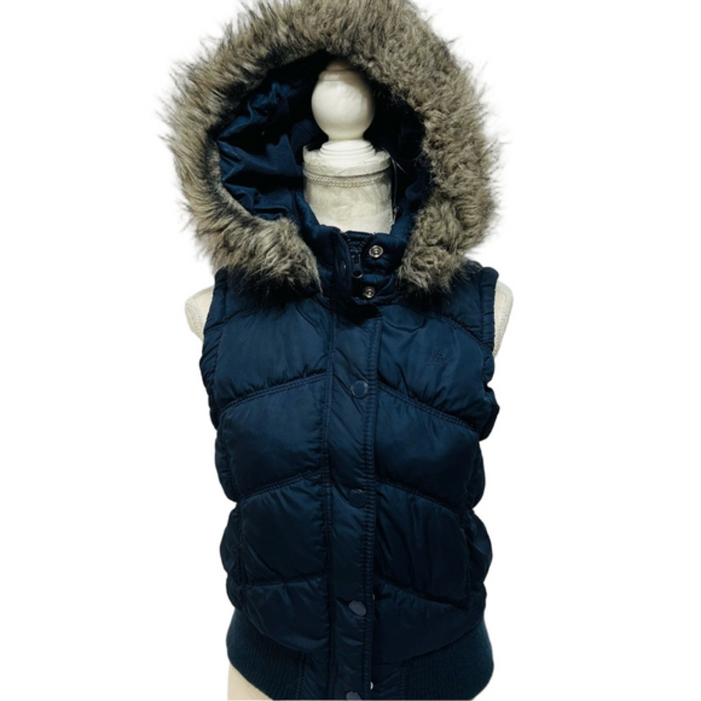 Aeropostale Blue Puffer Vest Large Juniors Removable Faux Fur Hood